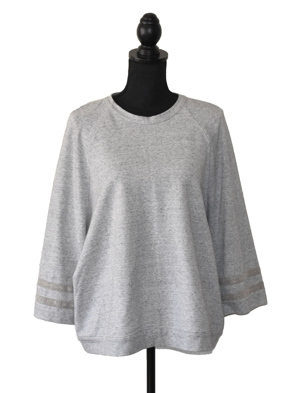 B8 Auth BRUNELLO CUCINELLI Grey Monili Striped 3/4 Sleeves Sweatshirt Top Size L